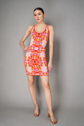 Cara Cara Sleeveless Ornamental Print Mini Knit Dress in Pink and Orange