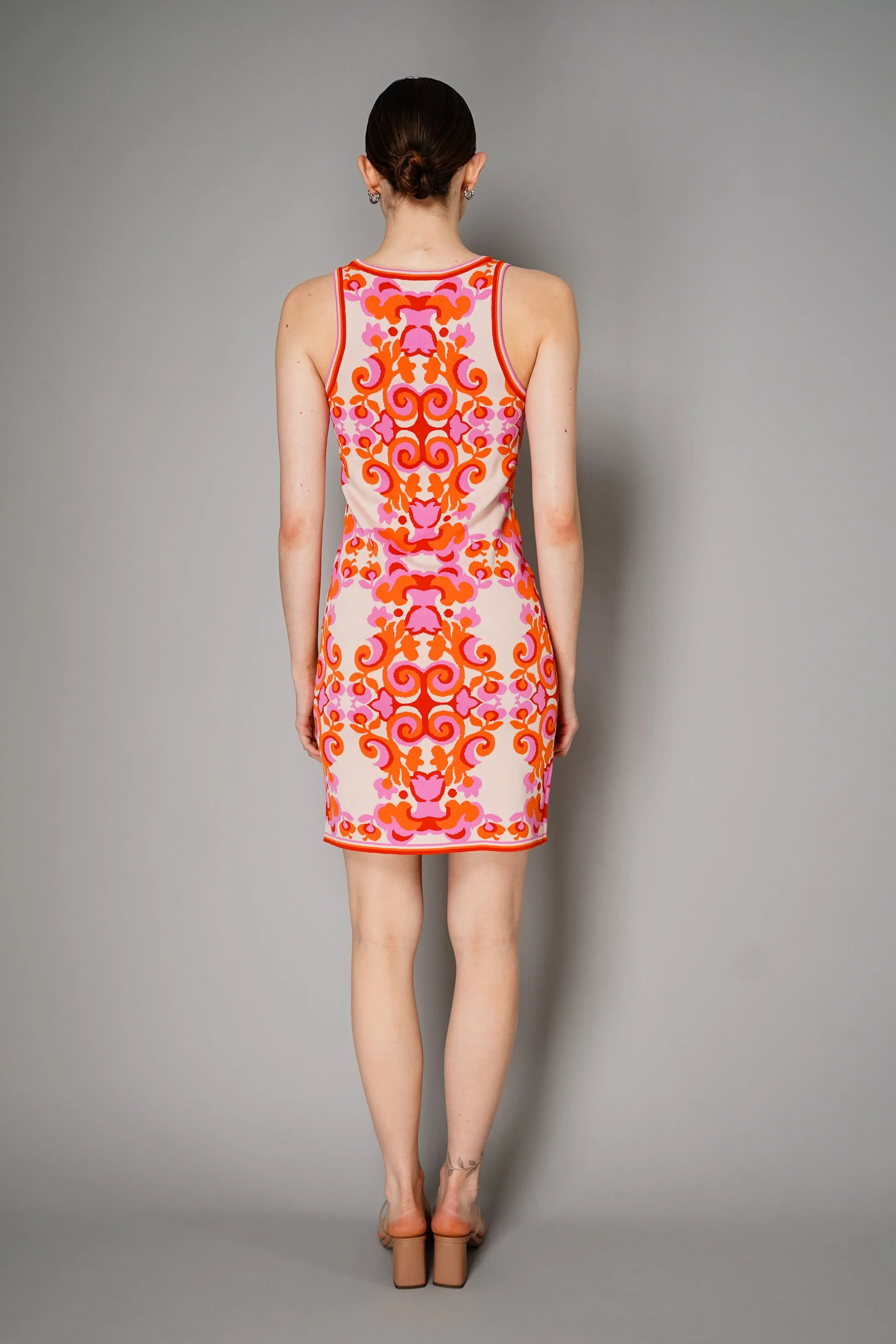 Cara Cara Sleeveless Ornamental Print Mini Knit Dress in Pink and Orange