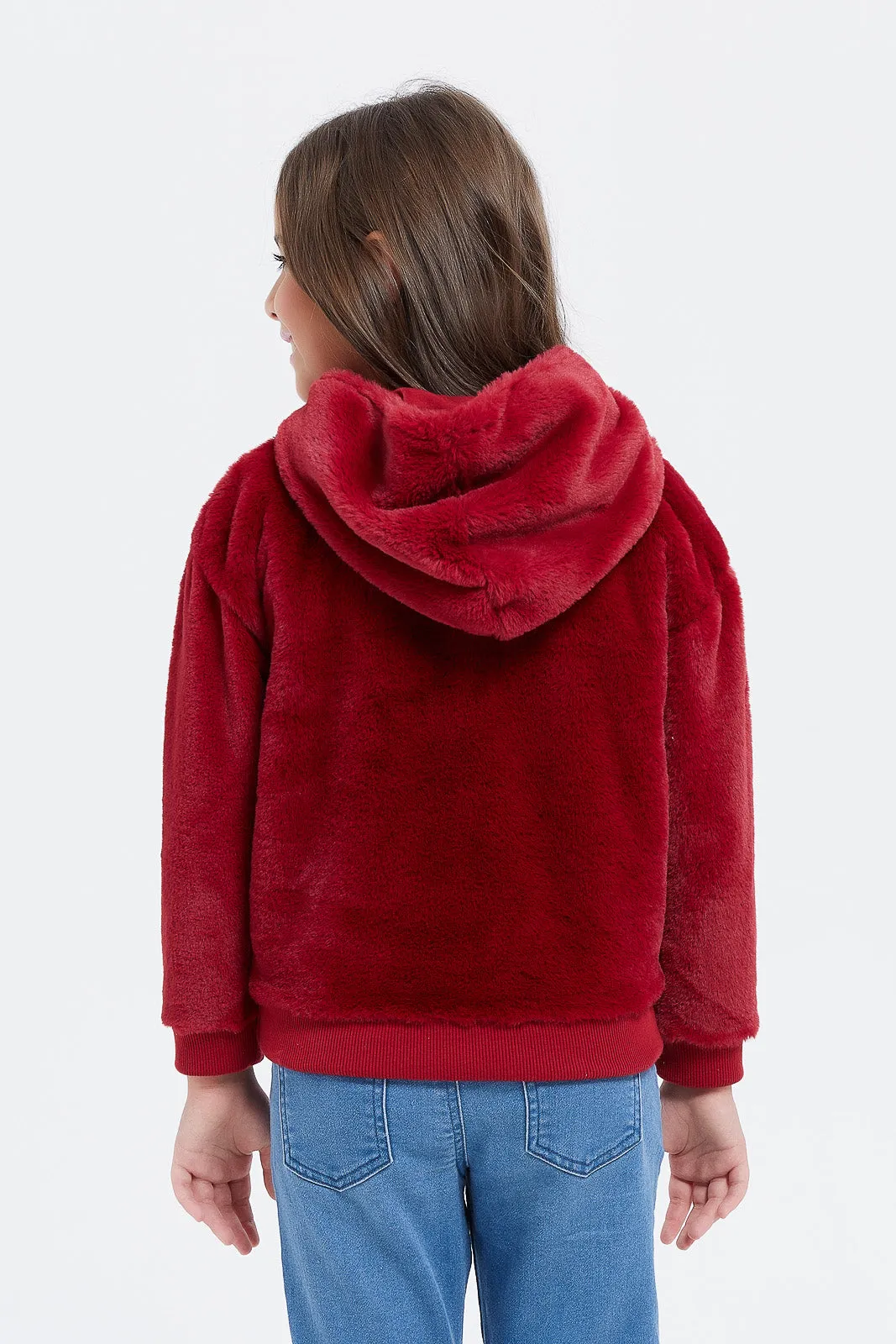 Girls Red Fur Embellished Sweatshirt