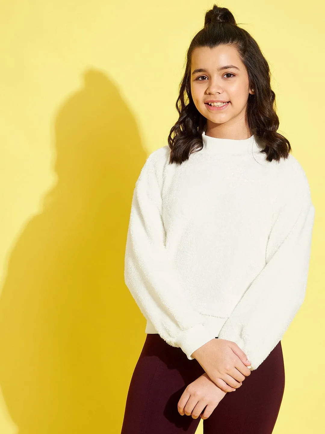 Girls White Fur High Neck Regular Sweatshirt - Lyush Kids