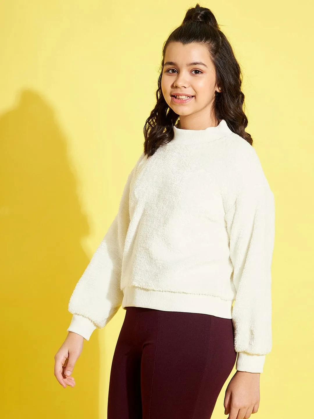 Girls White Fur High Neck Regular Sweatshirt - Lyush Kids