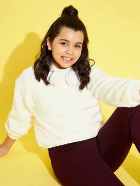 Girls White Fur High Neck Regular Sweatshirt - Lyush Kids