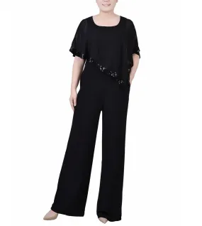 NY Collection Women's Poncho Sleeve Sequined Jumpsuit Black Petite Size PL