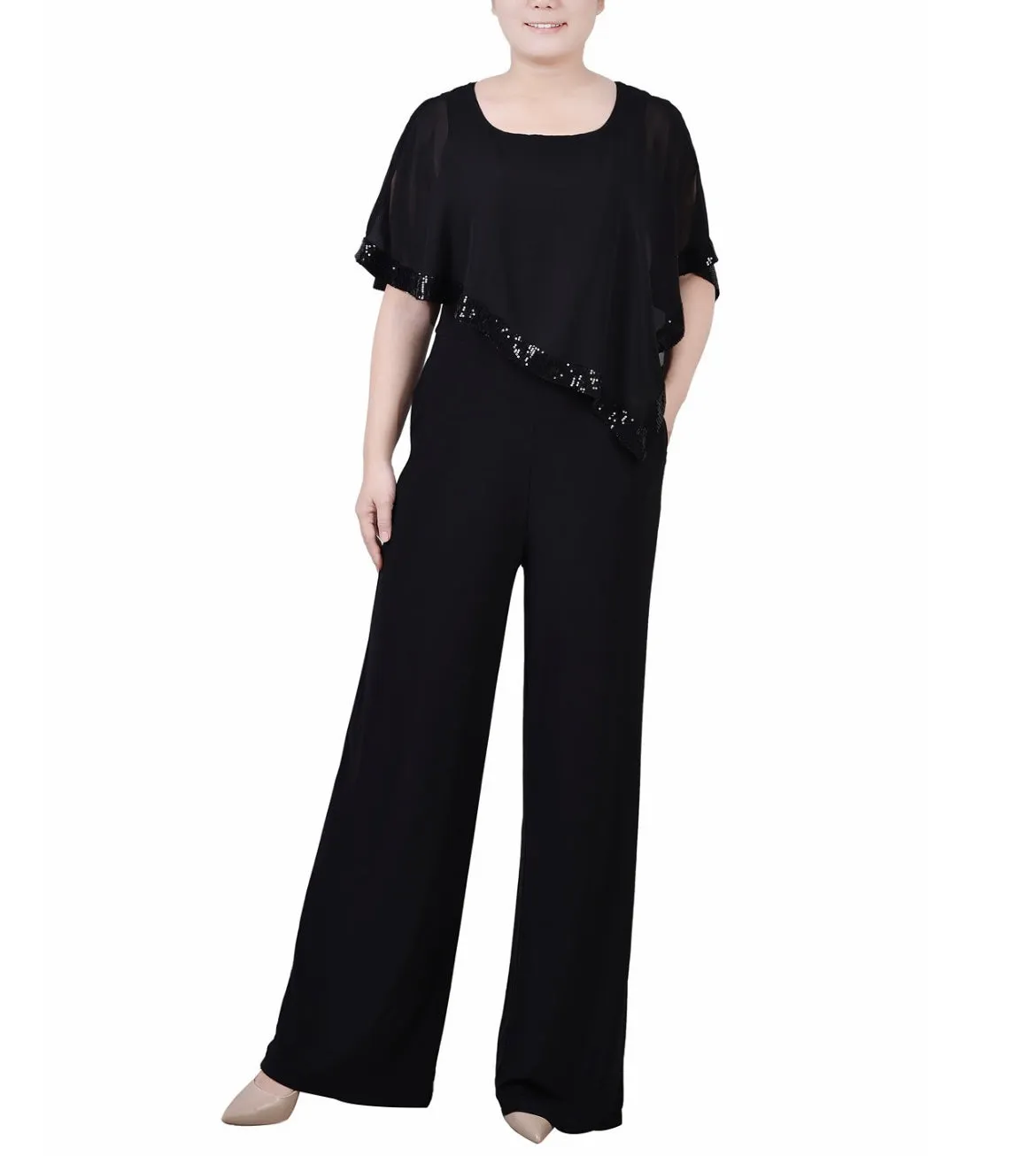 NY Collection Women's Poncho Sleeve Sequined Jumpsuit Black Petite Size PL