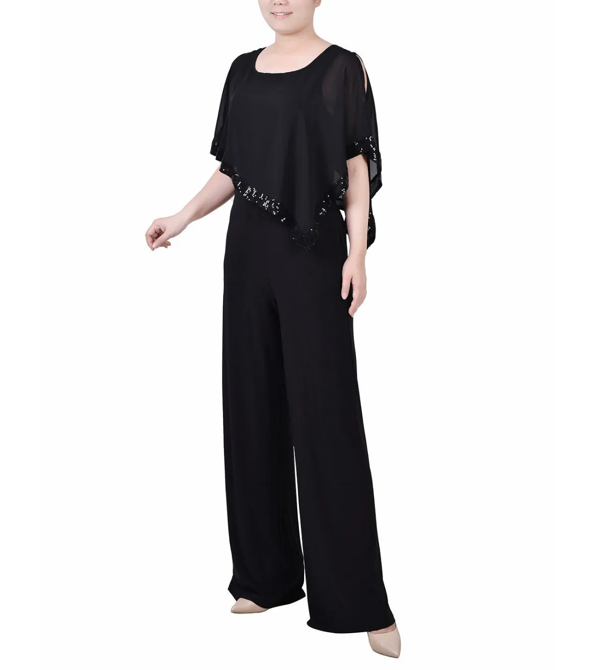 NY Collection Women's Poncho Sleeve Sequined Jumpsuit Black Petite Size PL