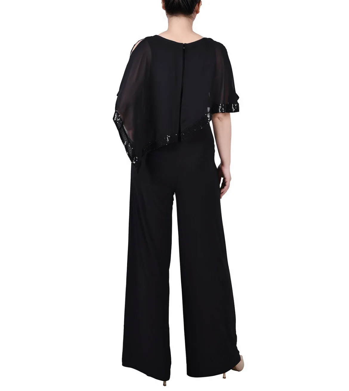 NY Collection Women's Poncho Sleeve Sequined Jumpsuit Black Petite Size PL