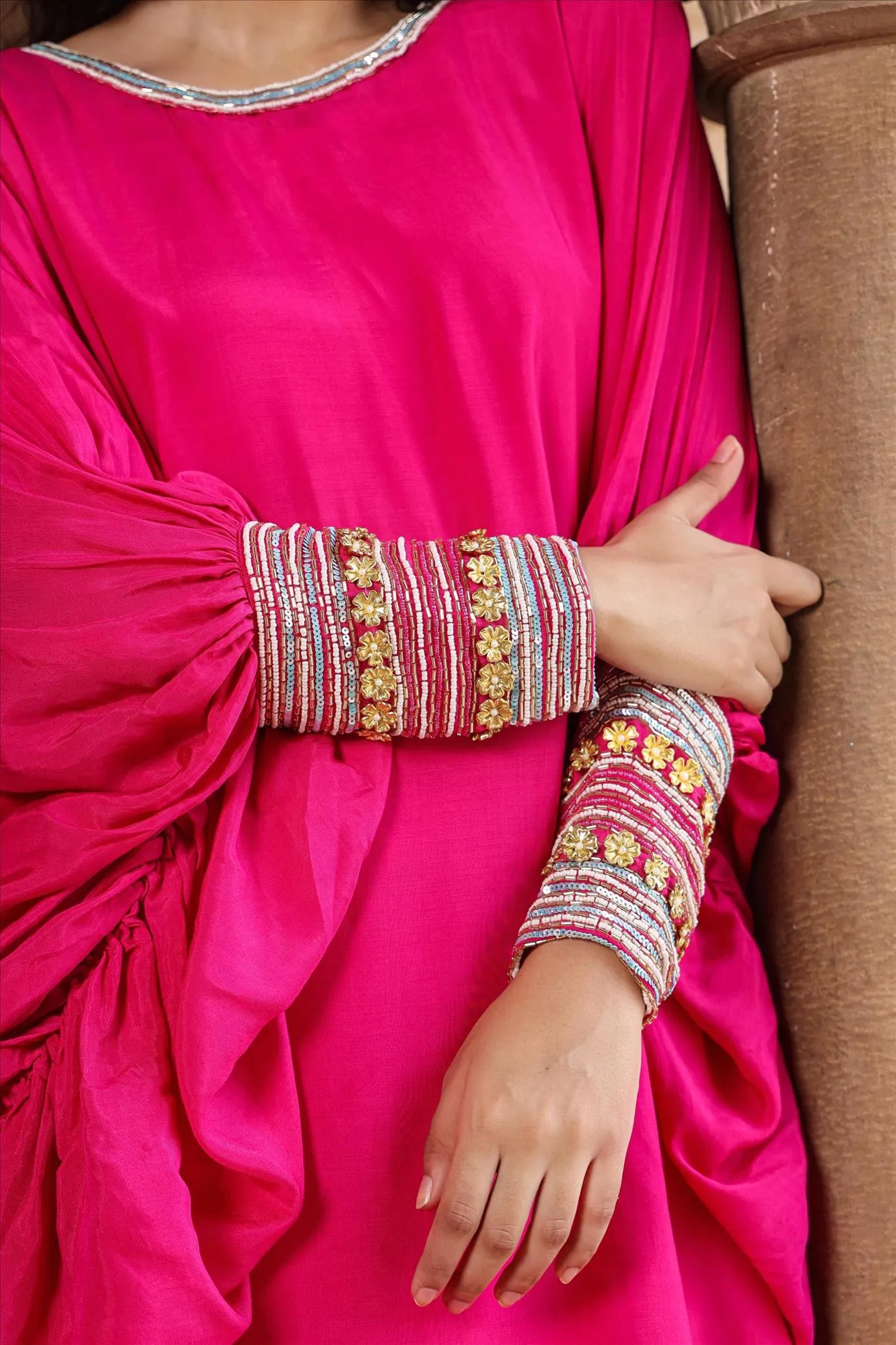 Pink Muslin Silk Poncho Co-Ord Set