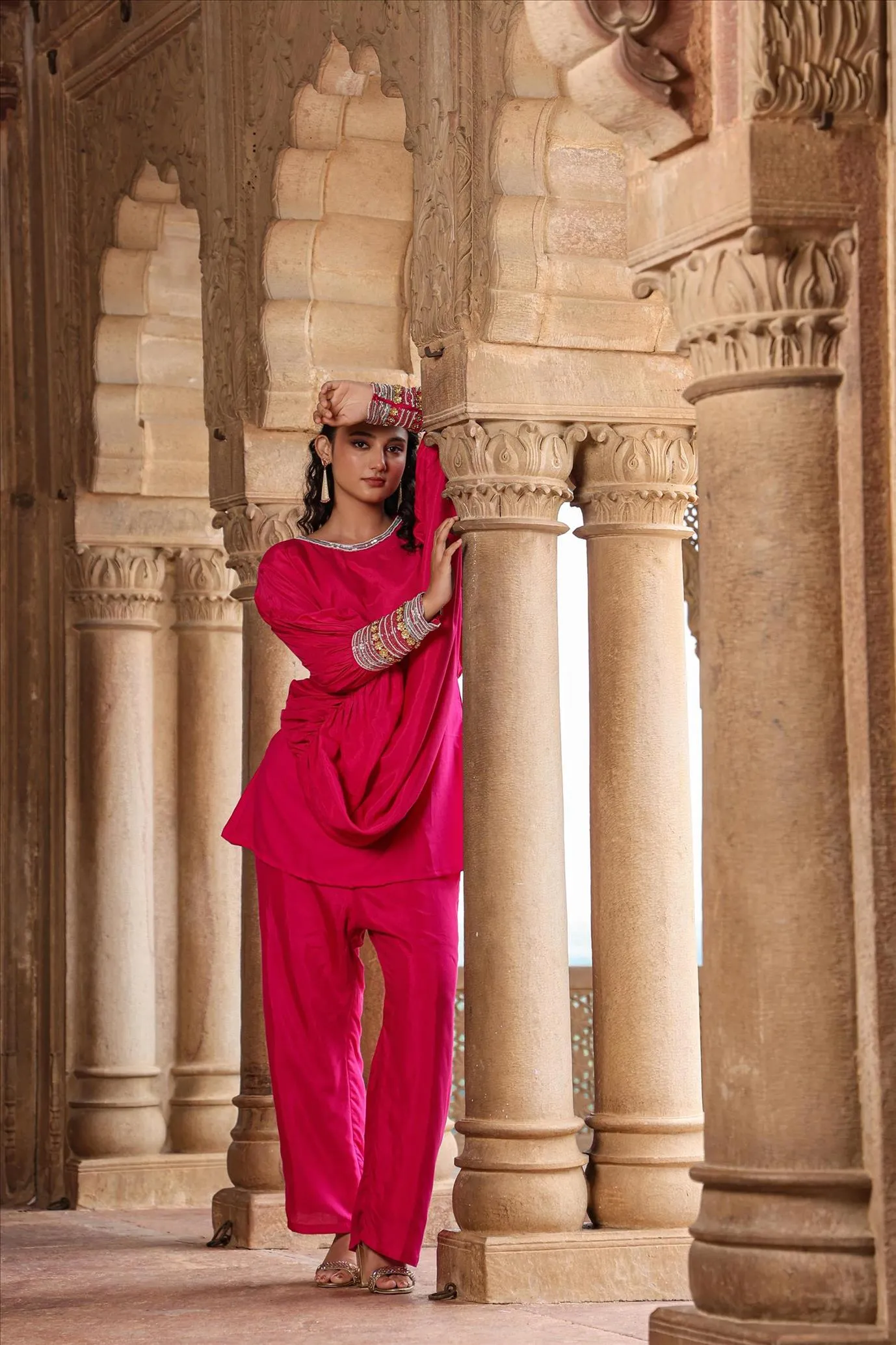 Pink Muslin Silk Poncho Co-Ord Set