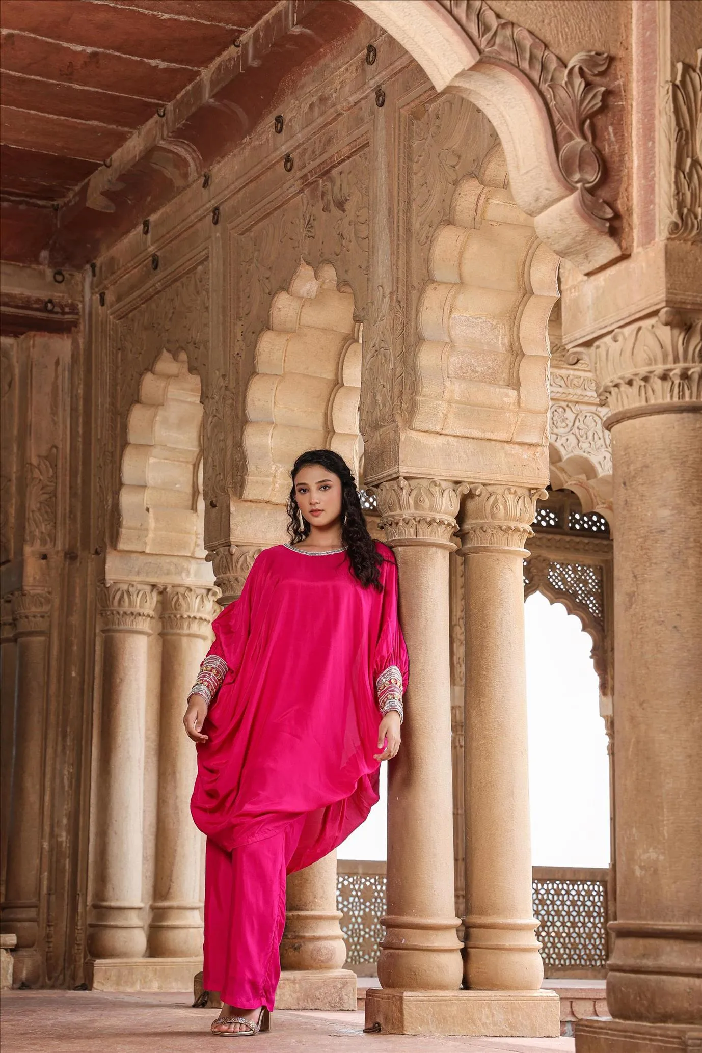 Pink Muslin Silk Poncho Co-Ord Set