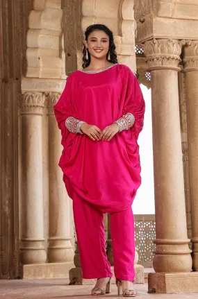 Pink Muslin Silk Poncho Co-Ord Set