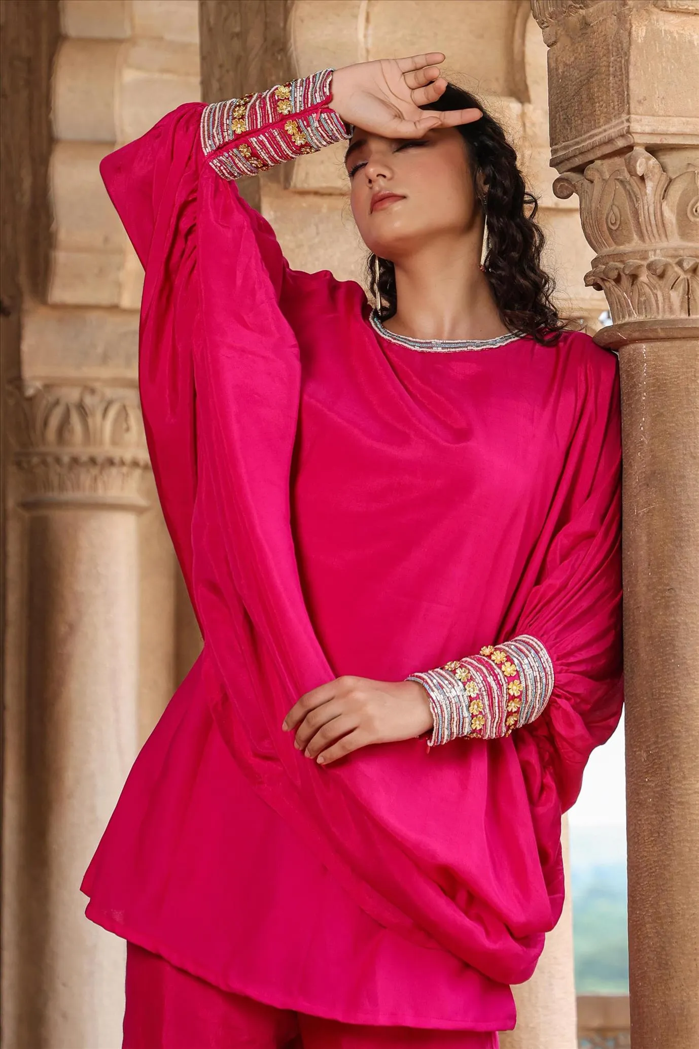 Pink Muslin Silk Poncho Co-Ord Set