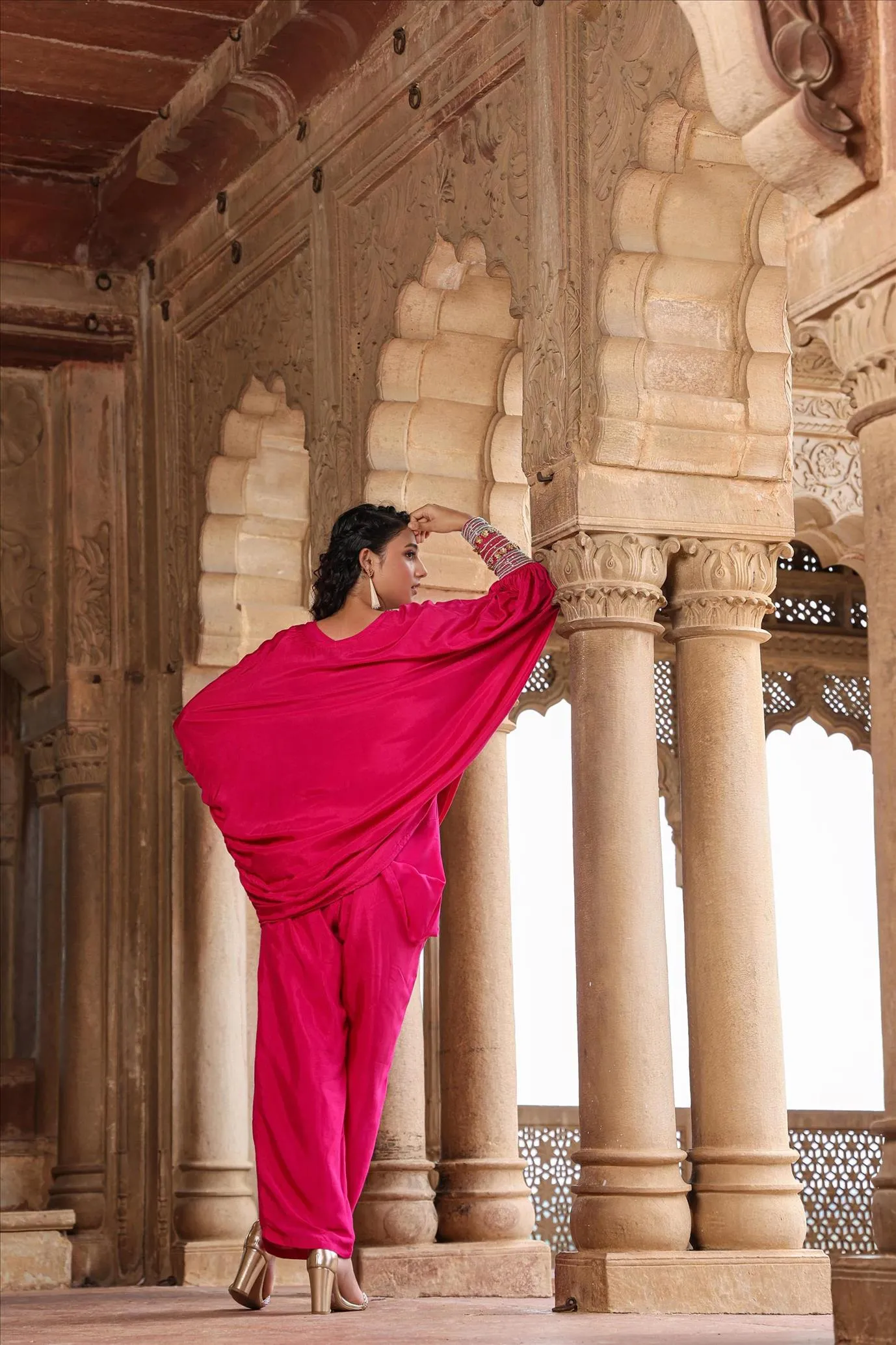Pink Muslin Silk Poncho Co-Ord Set