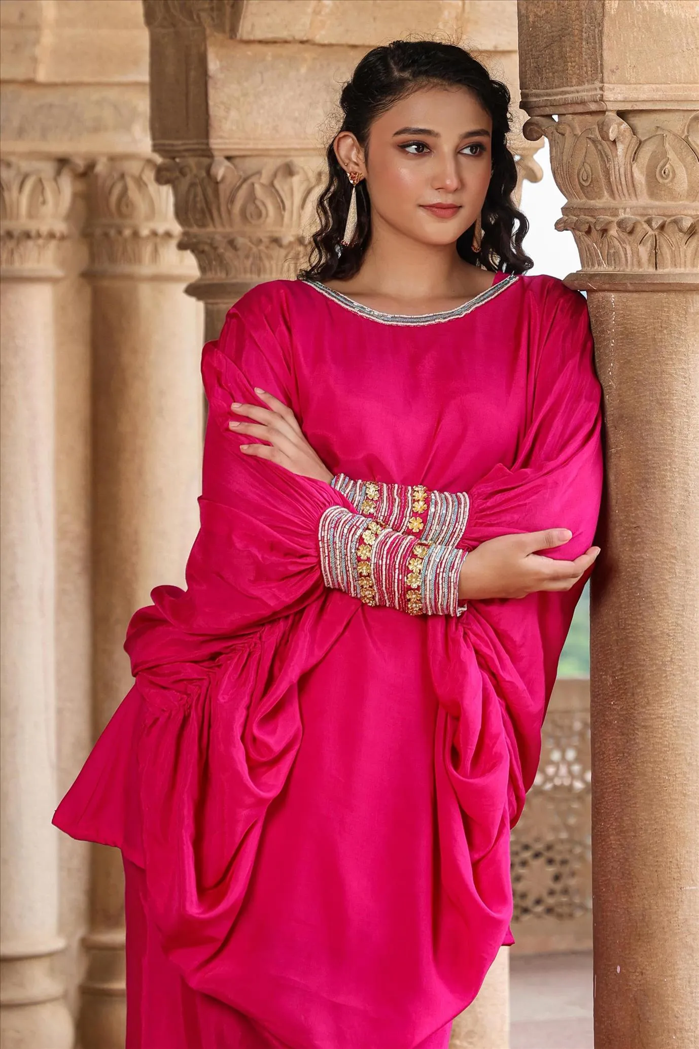 Pink Muslin Silk Poncho Co-Ord Set