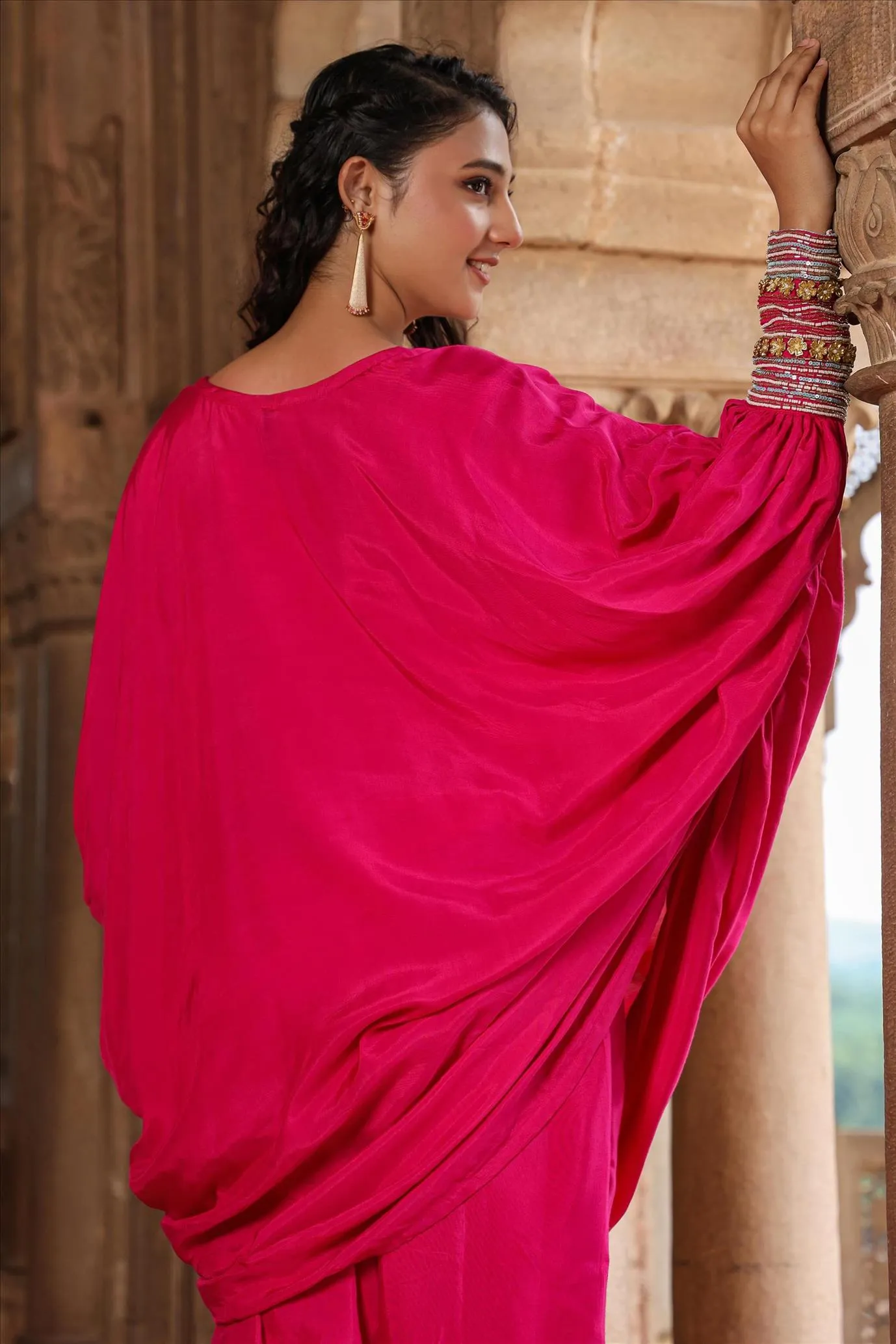 Pink Muslin Silk Poncho Co-Ord Set
