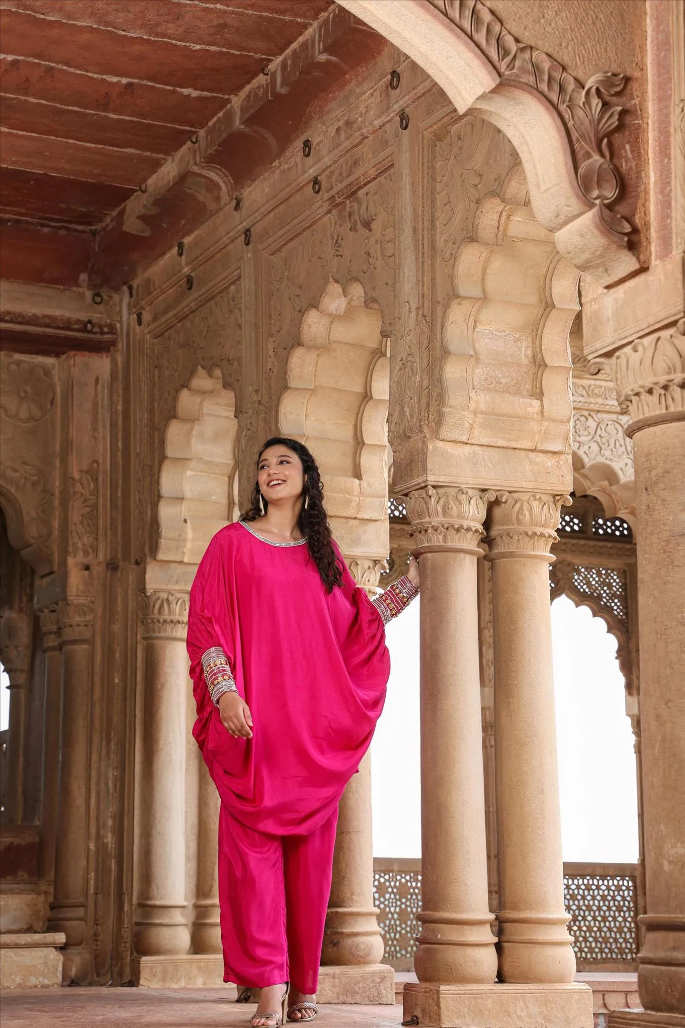 Pink Muslin Silk Poncho Co-Ord Set