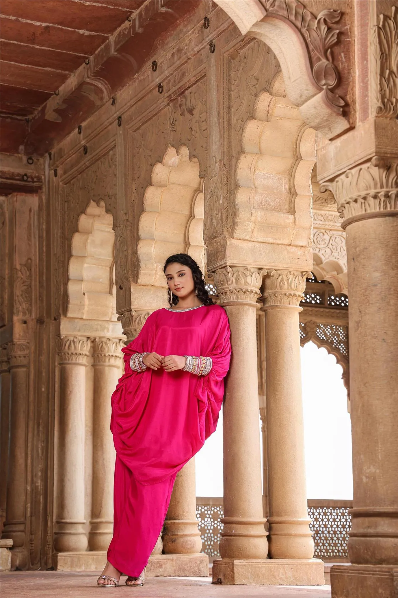 Pink Muslin Silk Poncho Co-Ord Set