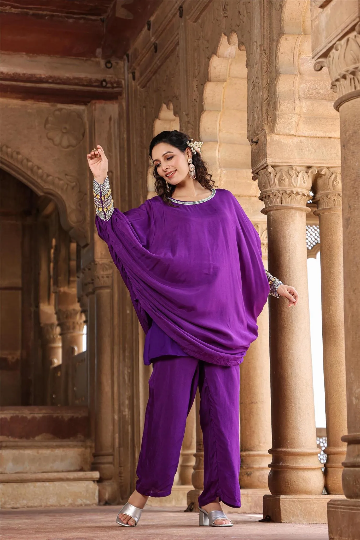 Purple Muslin Silk Poncho Co-Ord Set