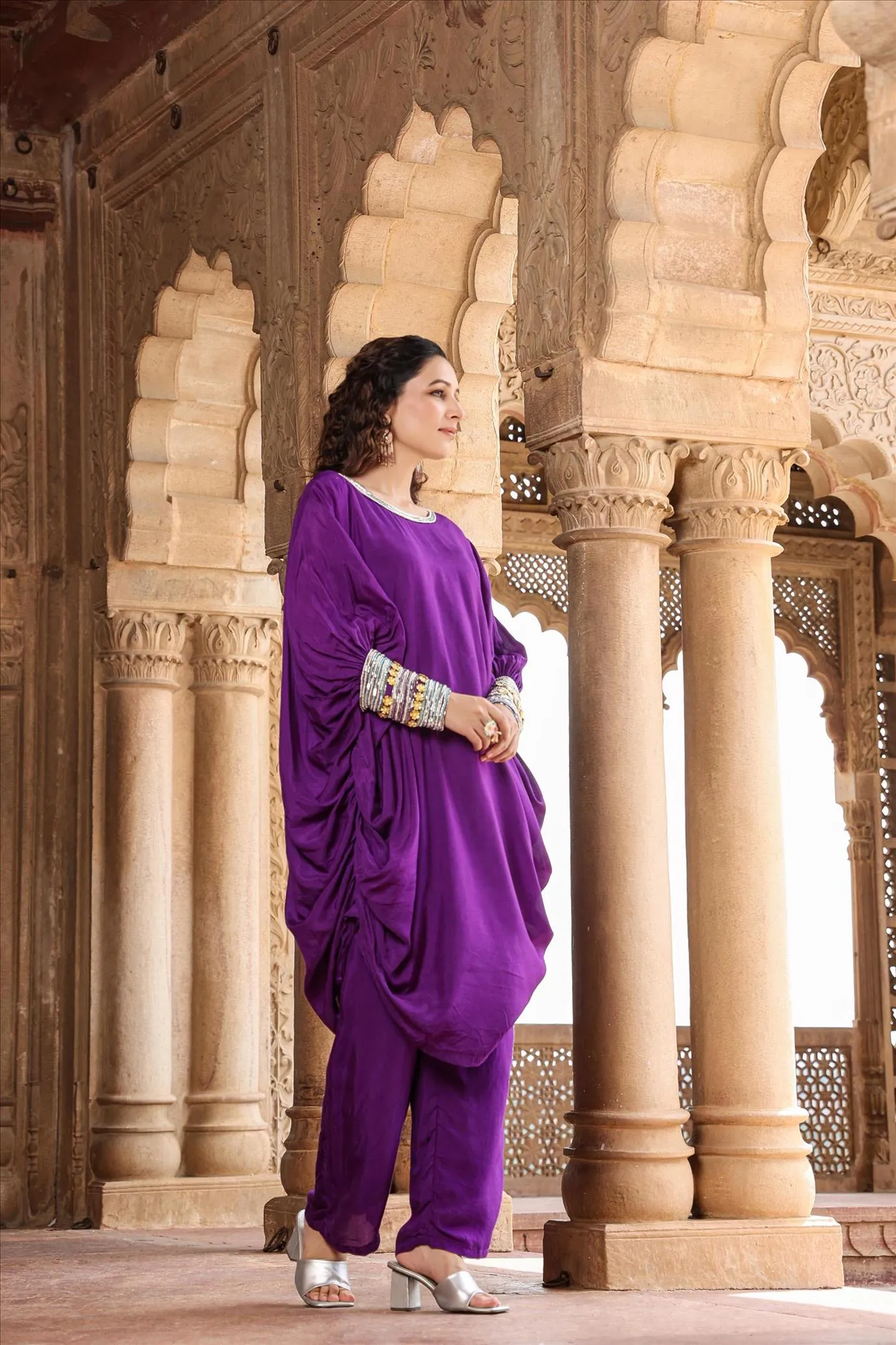 Purple Muslin Silk Poncho Co-Ord Set