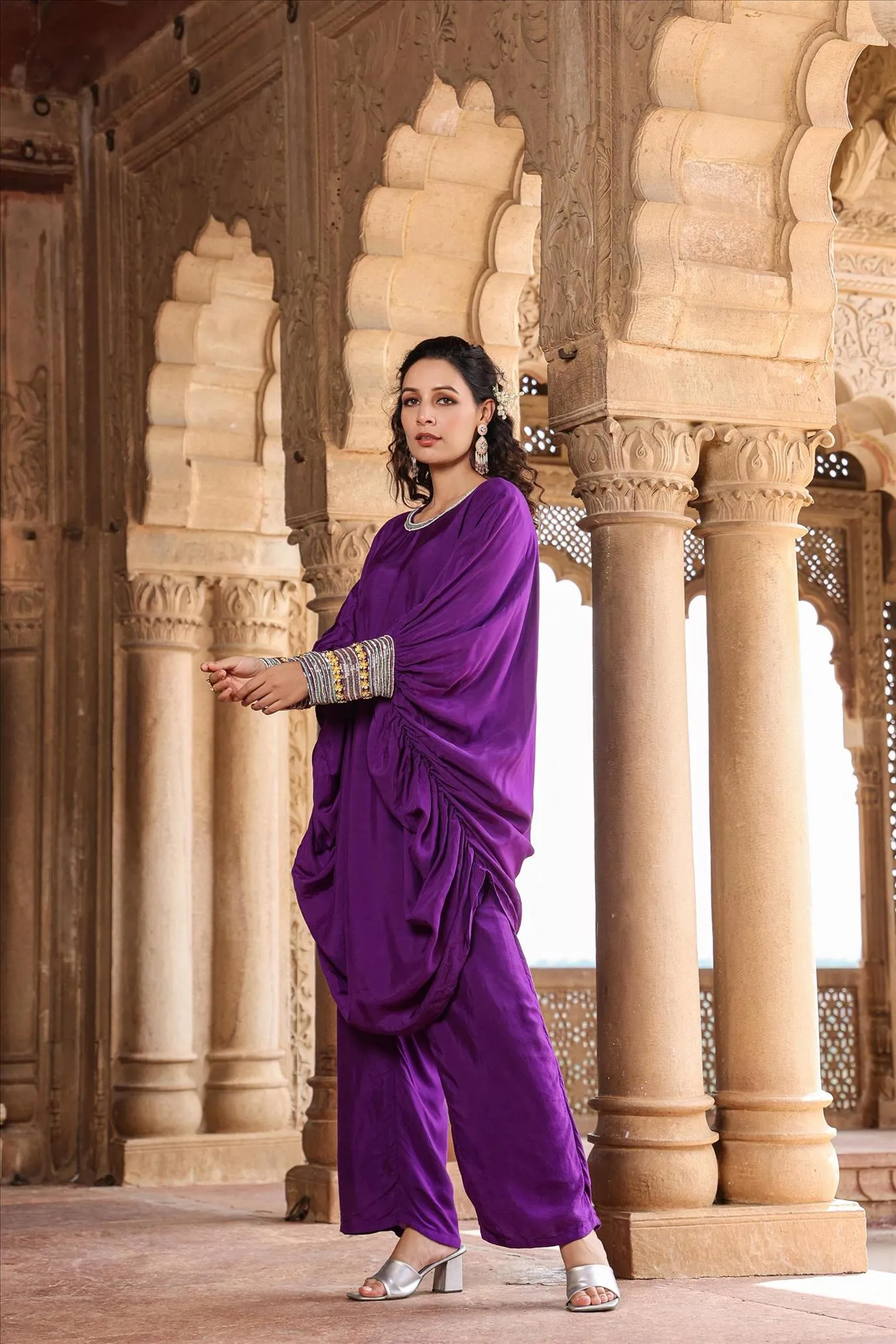 Purple Muslin Silk Poncho Co-Ord Set