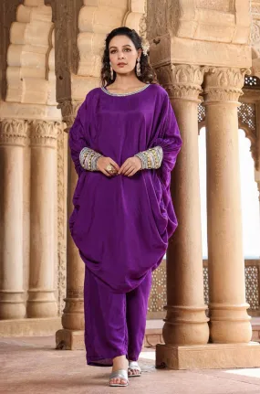 Purple Muslin Silk Poncho Co-Ord Set