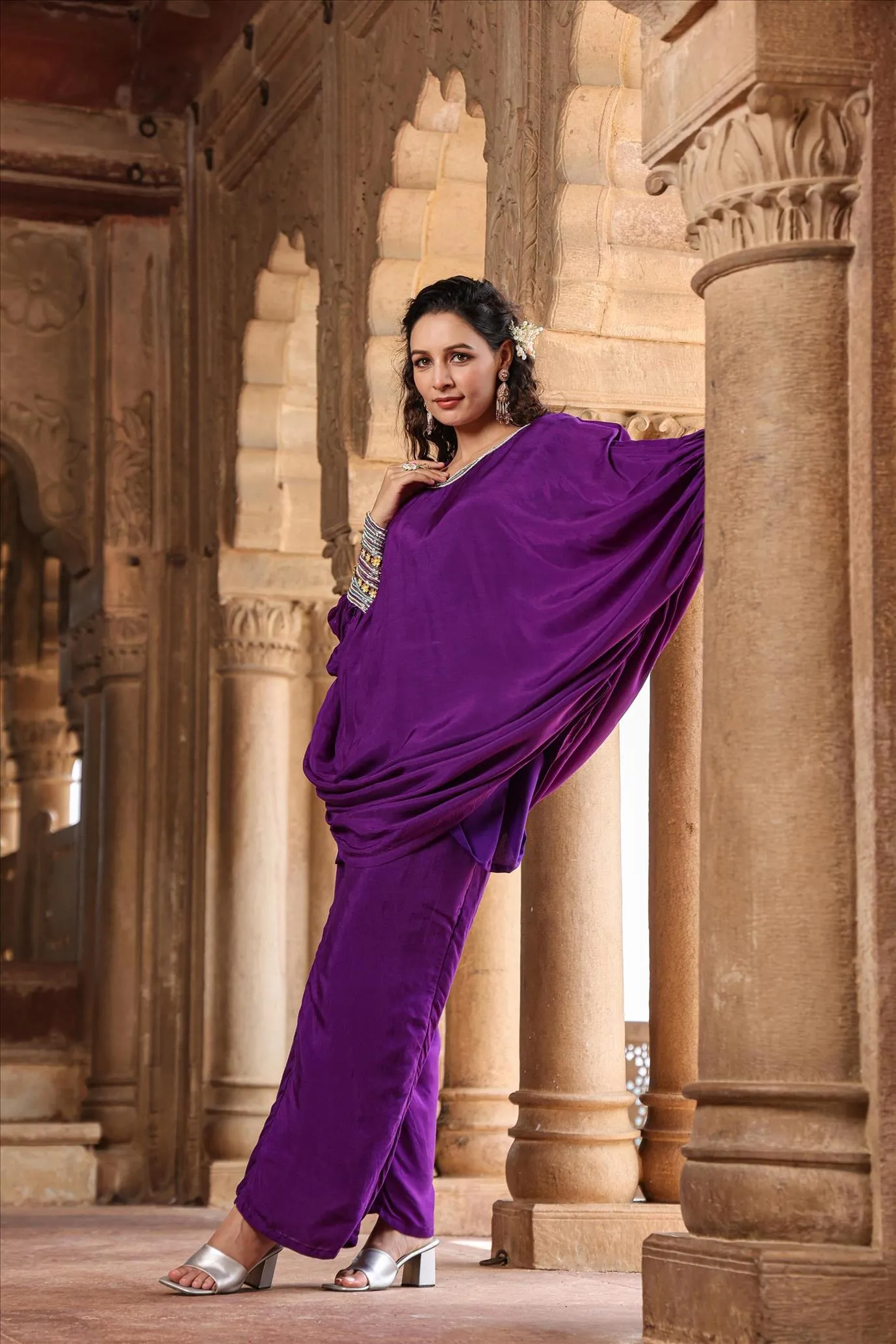 Purple Muslin Silk Poncho Co-Ord Set
