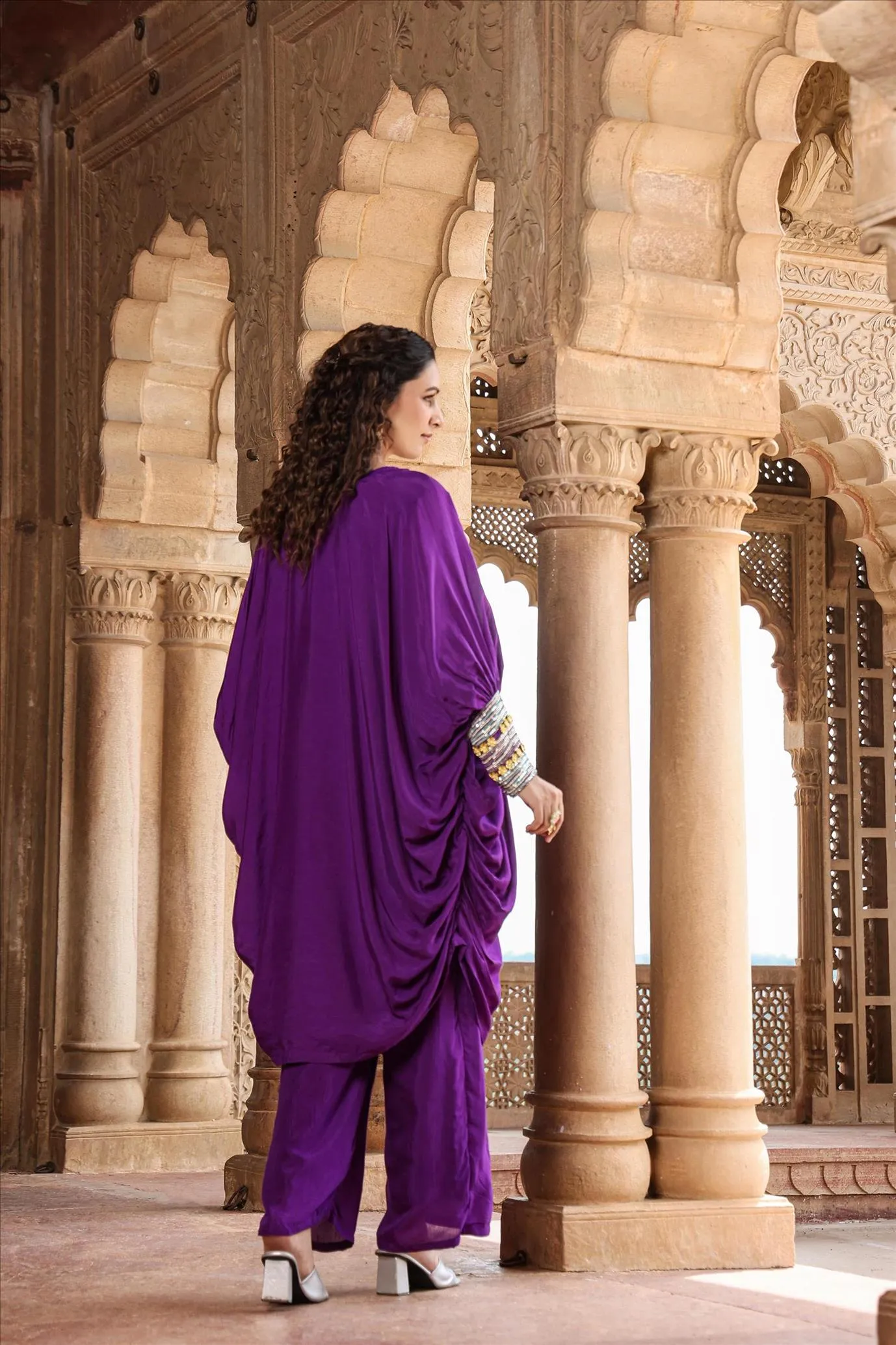 Purple Muslin Silk Poncho Co-Ord Set