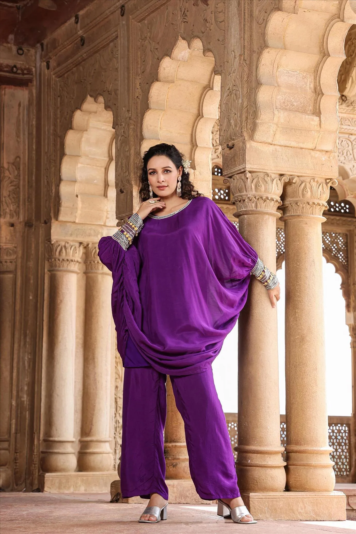 Purple Muslin Silk Poncho Co-Ord Set