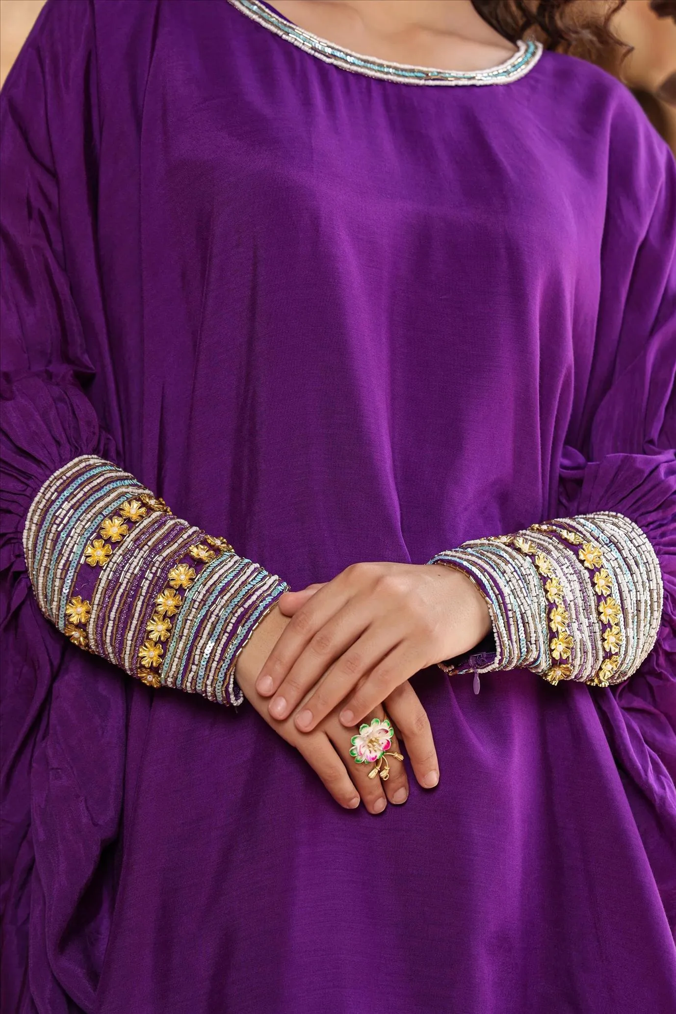 Purple Muslin Silk Poncho Co-Ord Set