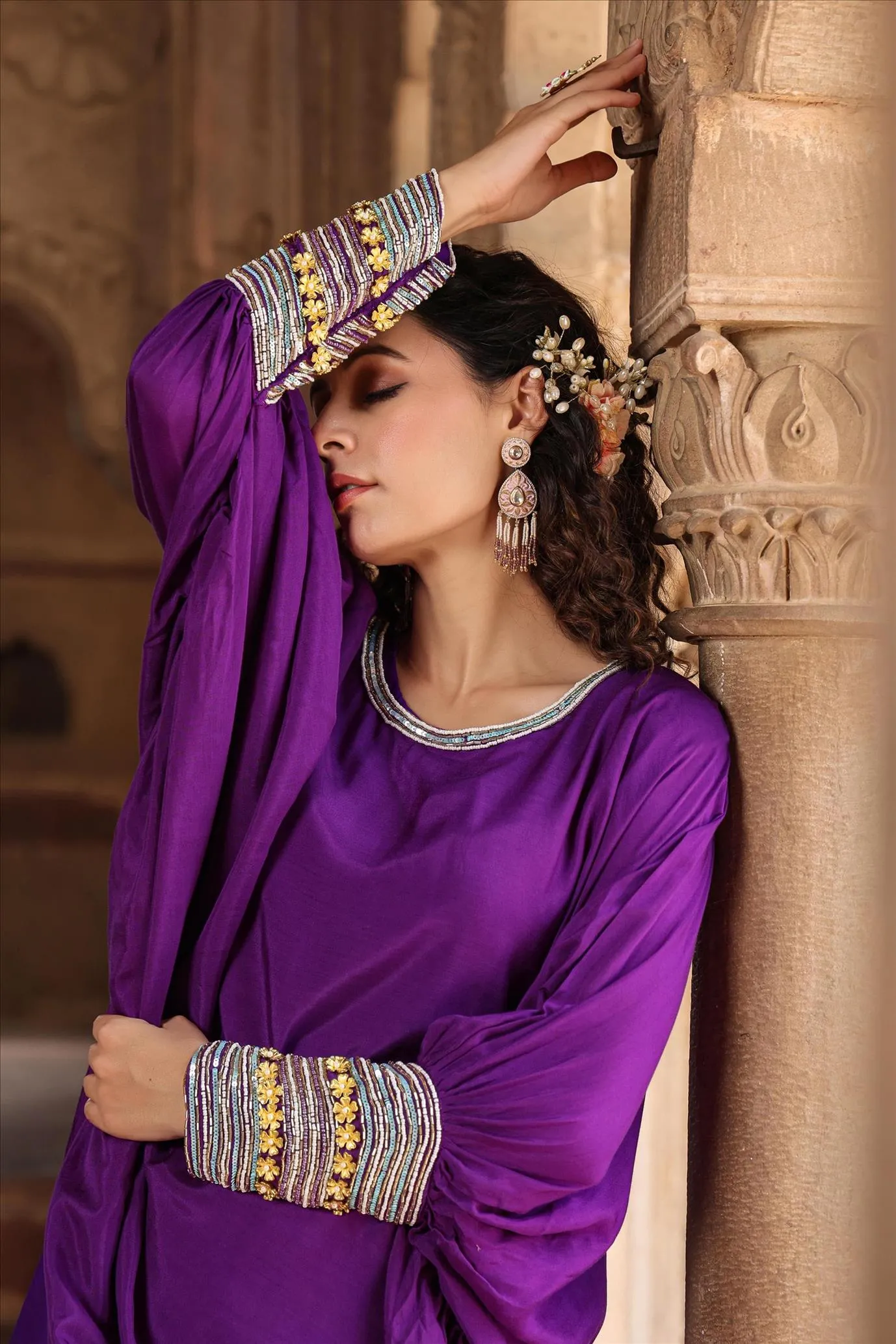 Purple Muslin Silk Poncho Co-Ord Set