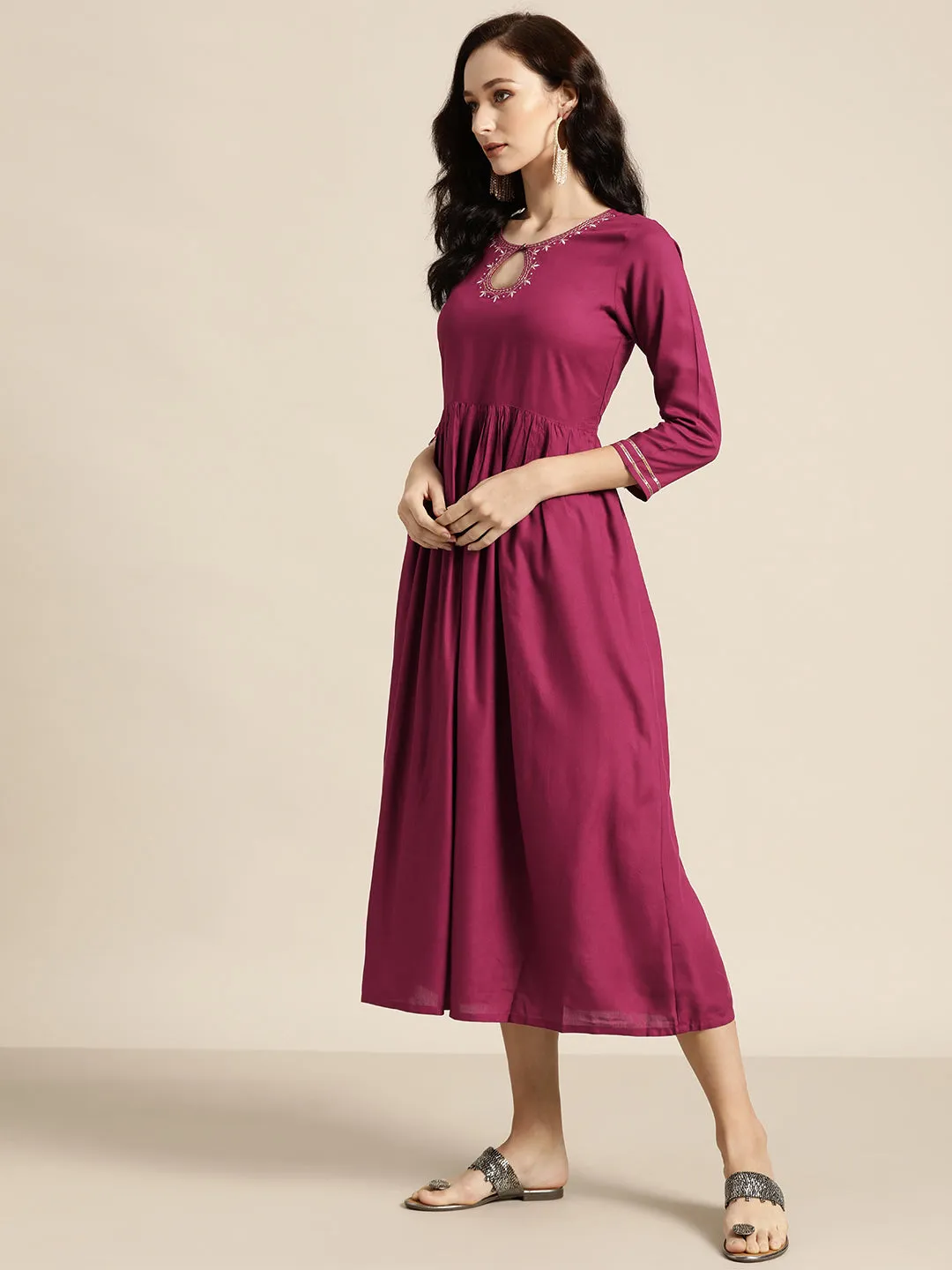 Women Burgundy Zari Embroidered Liva Dress