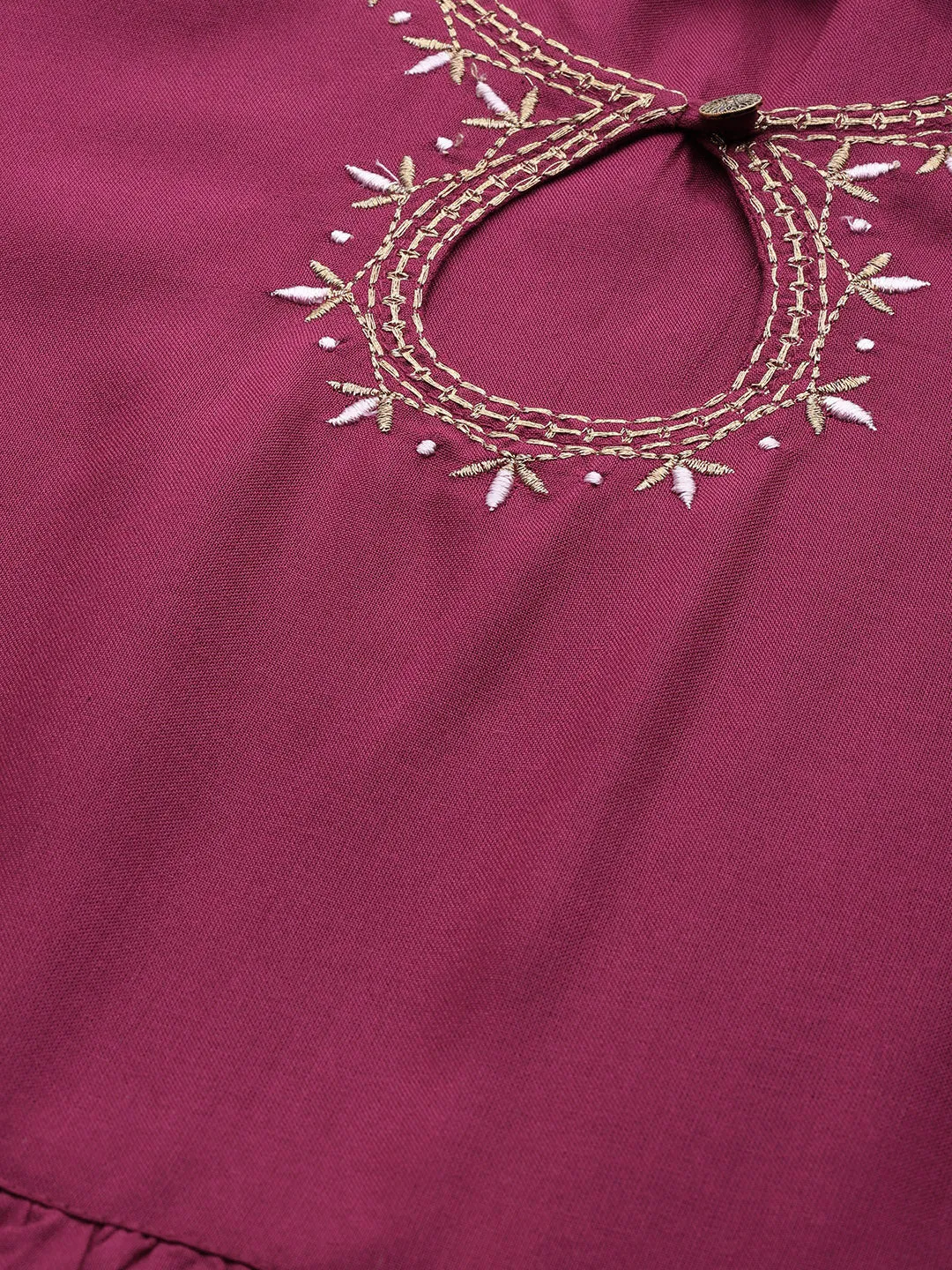 Women Burgundy Zari Embroidered Liva Dress
