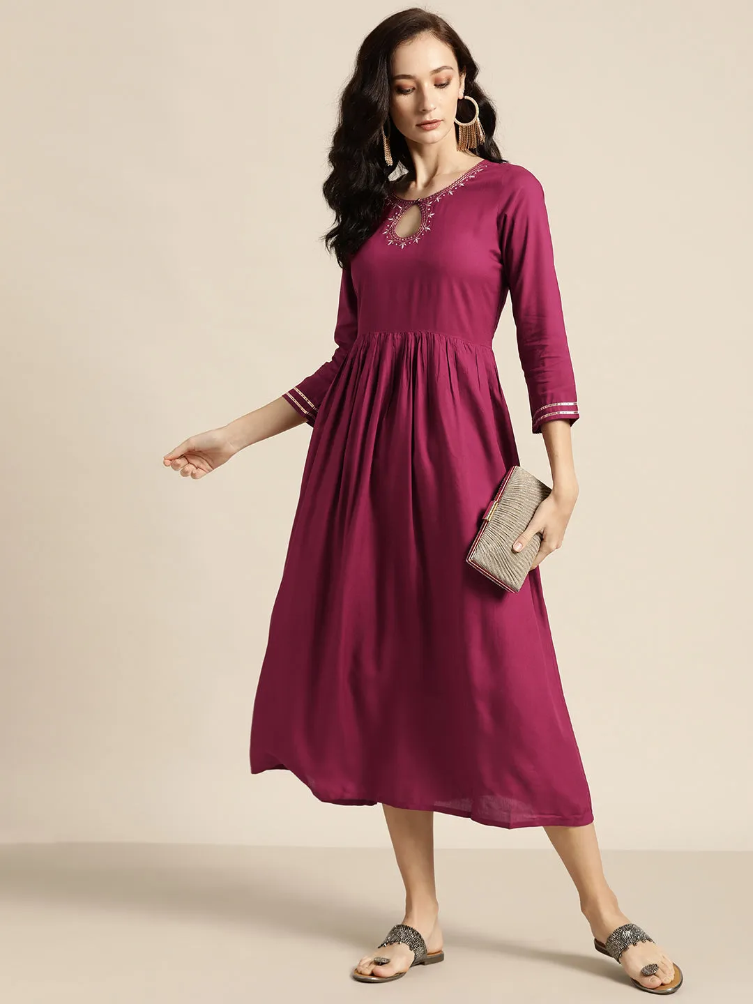 Women Burgundy Zari Embroidered Liva Dress