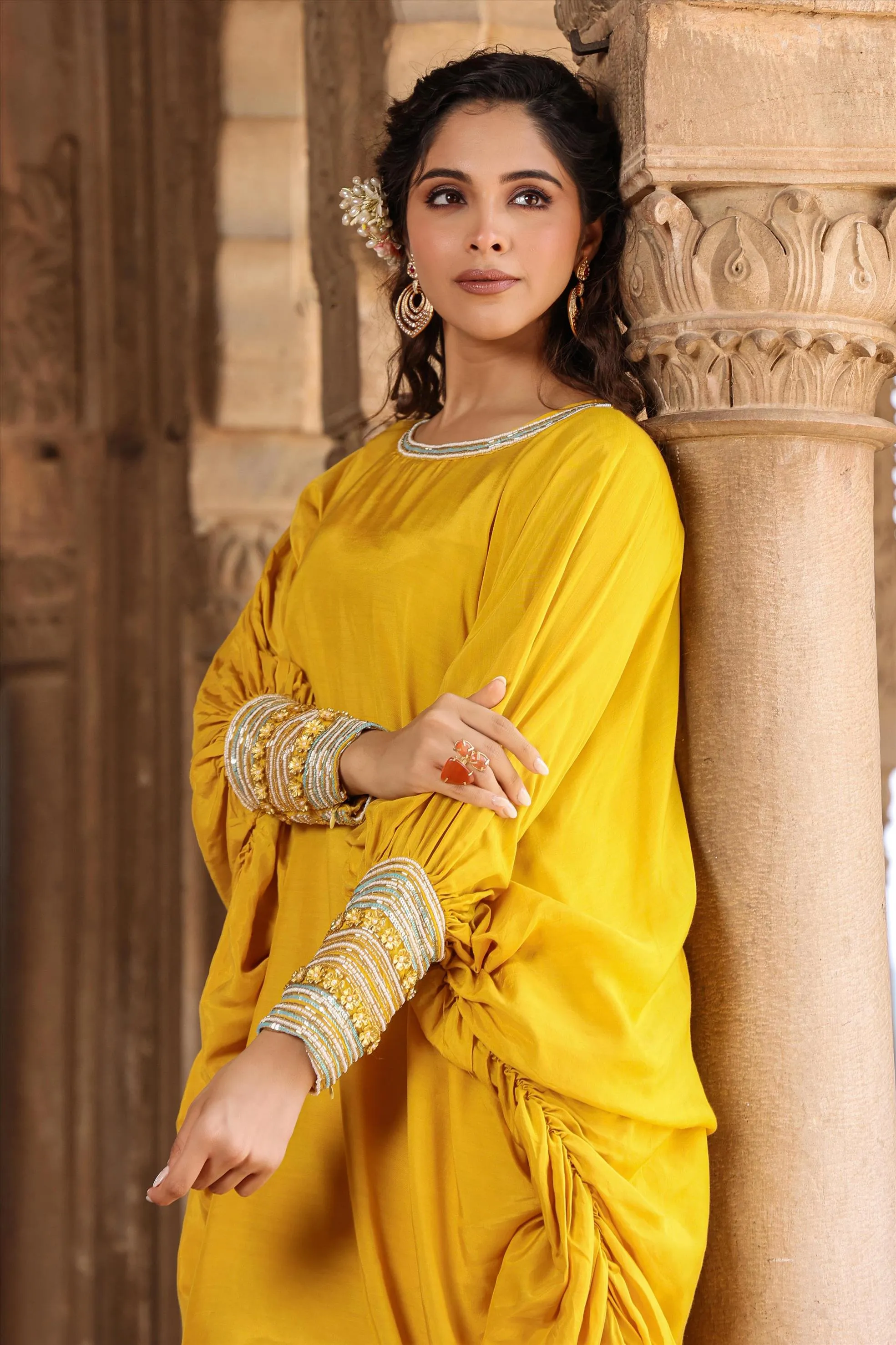 Yellow Muslin Silk Poncho Co-Ord Set