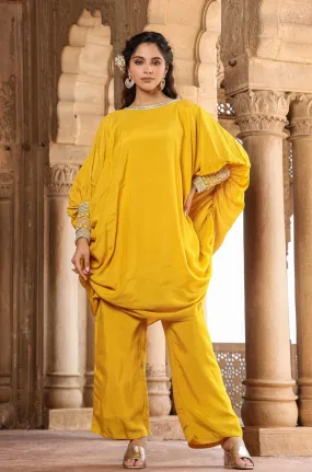 Yellow Muslin Silk Poncho Co-Ord Set