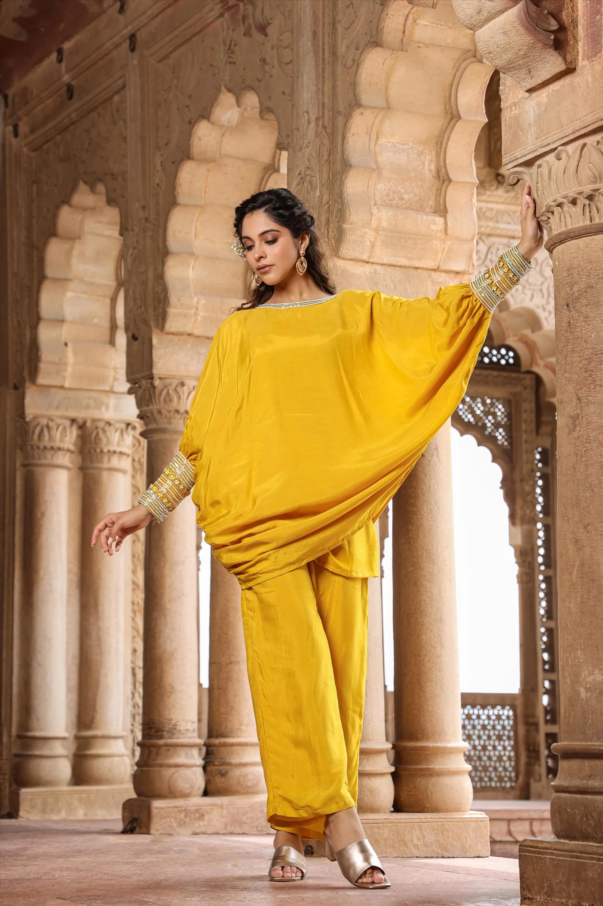 Yellow Muslin Silk Poncho Co-Ord Set
