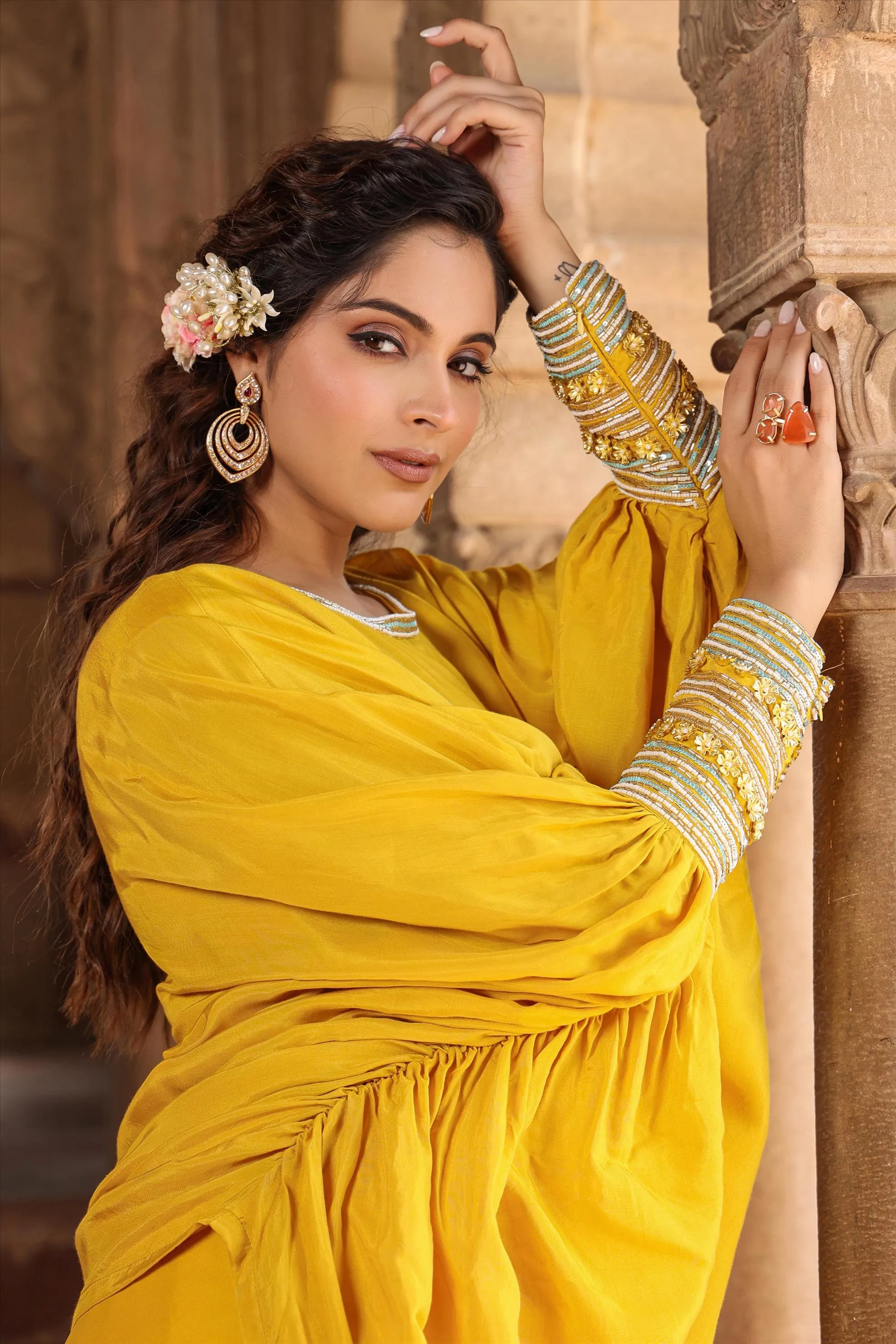 Yellow Muslin Silk Poncho Co-Ord Set