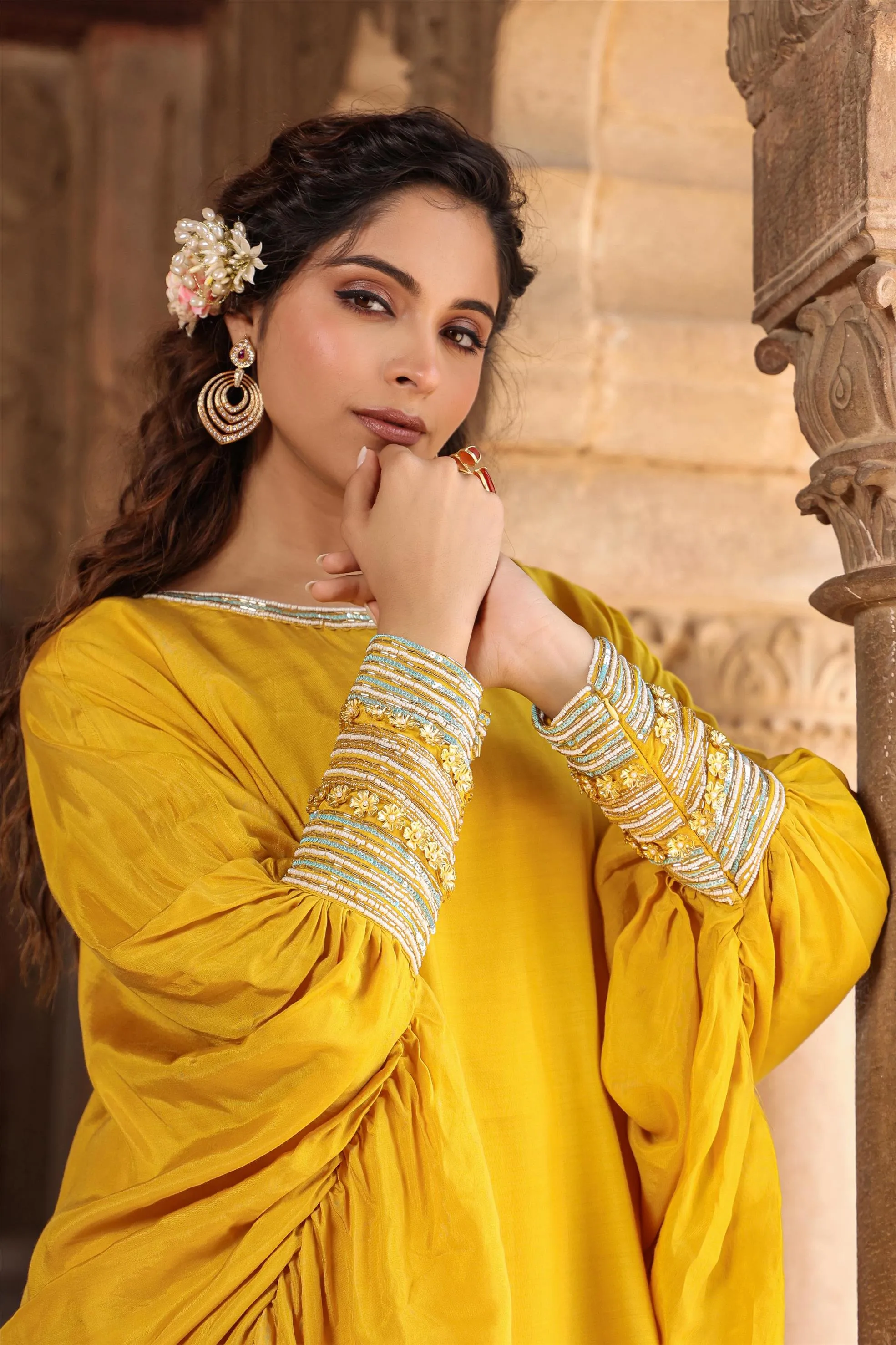 Yellow Muslin Silk Poncho Co-Ord Set