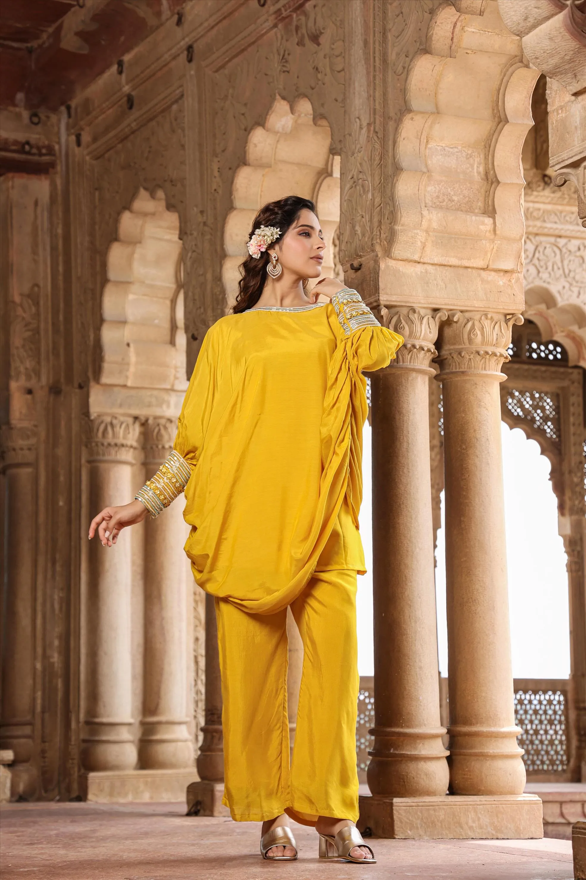Yellow Muslin Silk Poncho Co-Ord Set