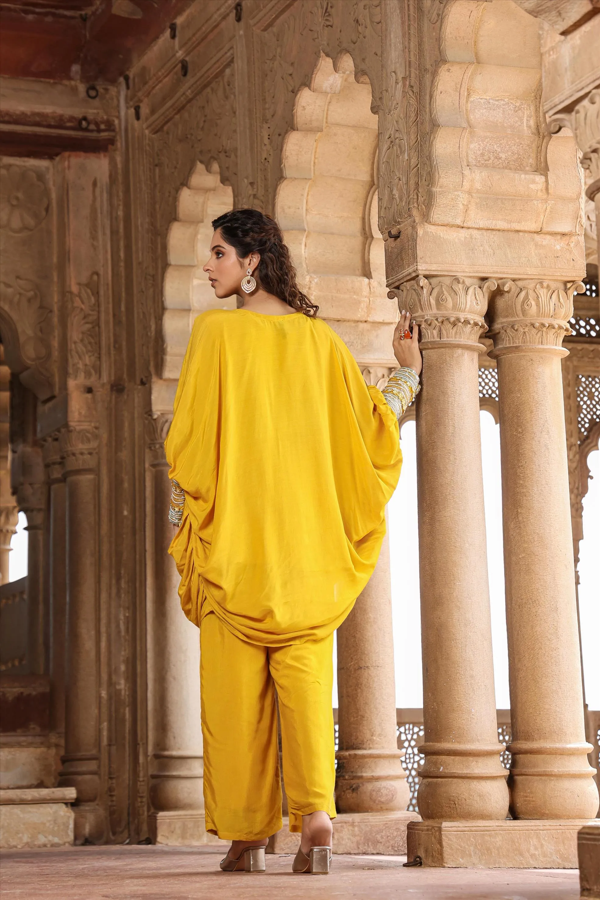 Yellow Muslin Silk Poncho Co-Ord Set