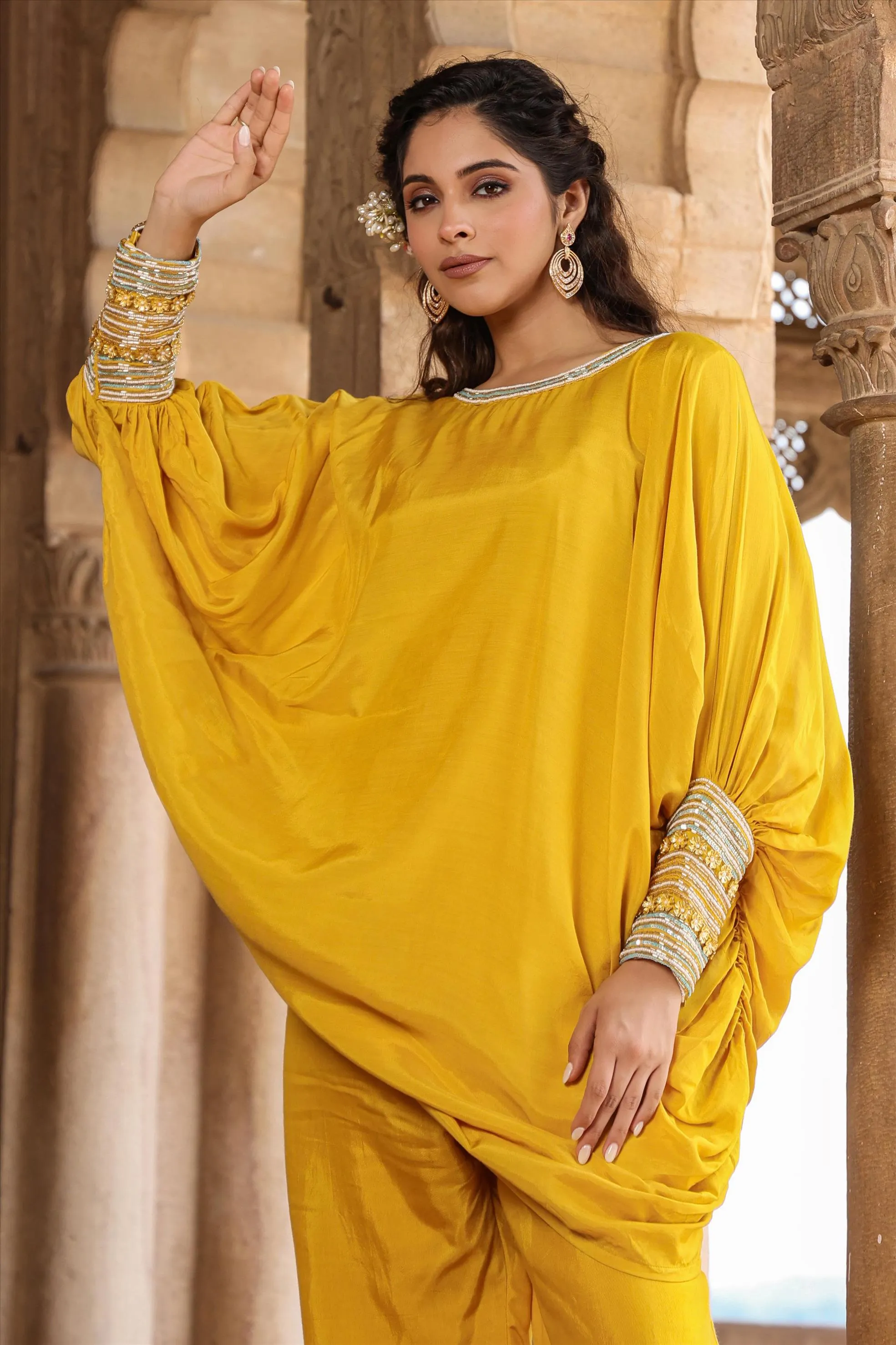 Yellow Muslin Silk Poncho Co-Ord Set