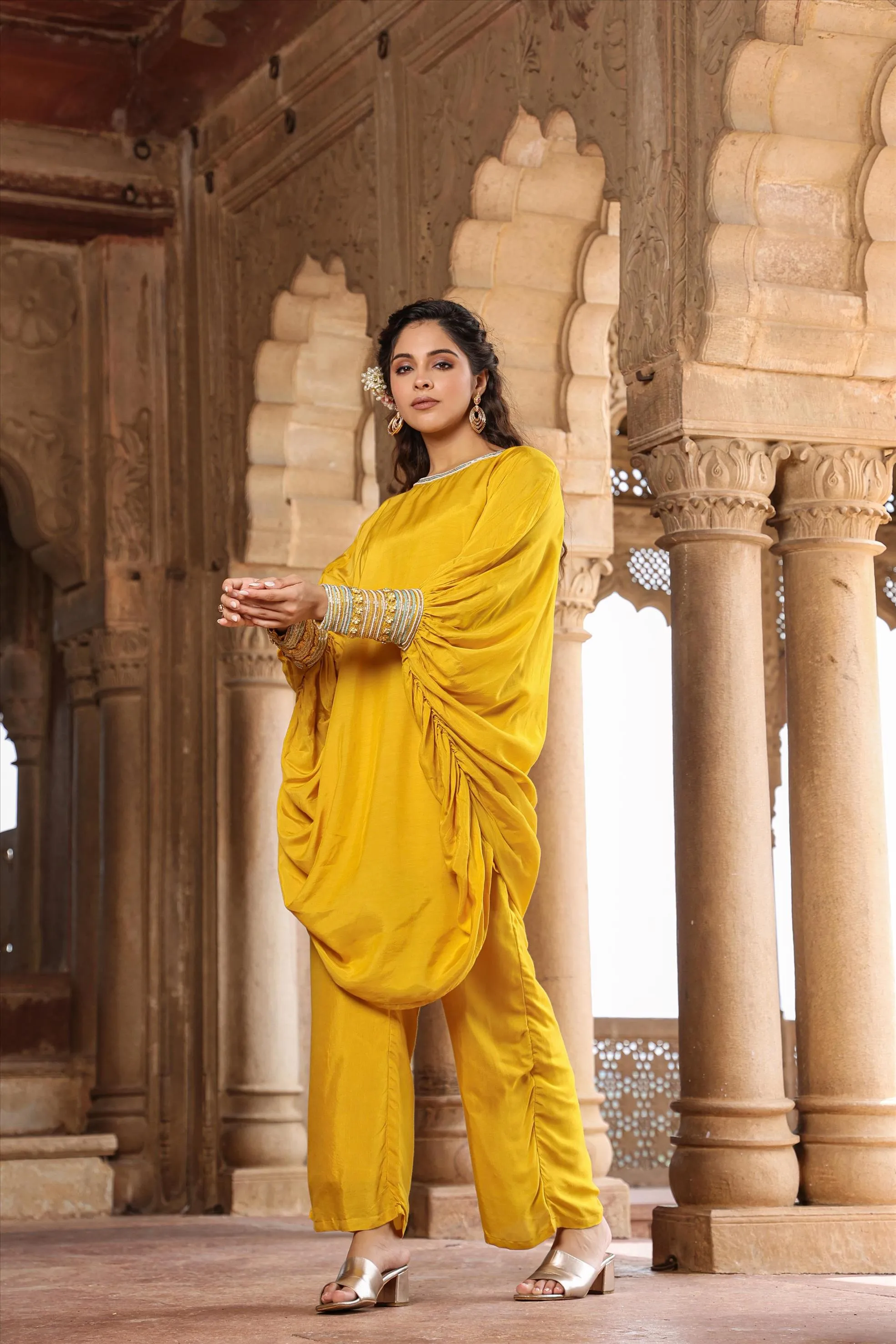 Yellow Muslin Silk Poncho Co-Ord Set
