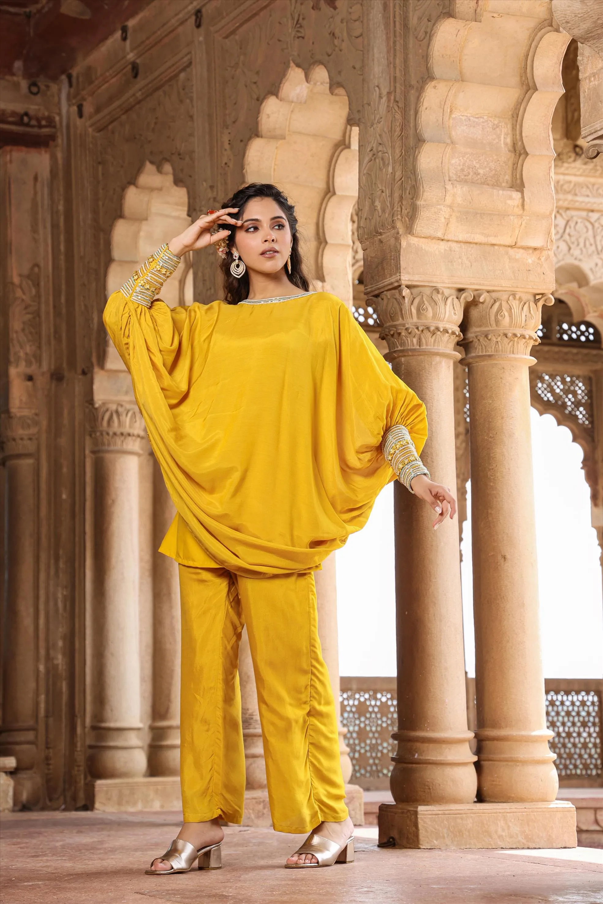 Yellow Muslin Silk Poncho Co-Ord Set